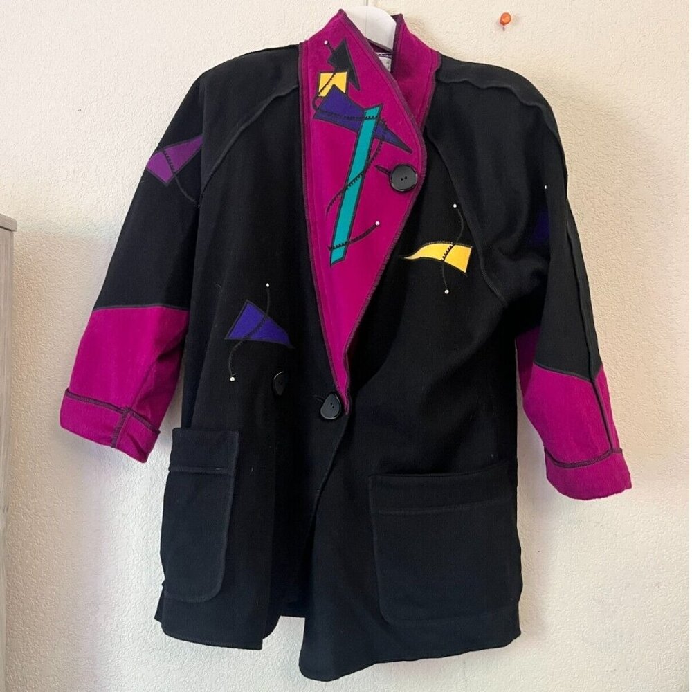 Vintage Fibre Arts Marylou Ozbolt Storer Wool Jacket Small Abstract Retro Black